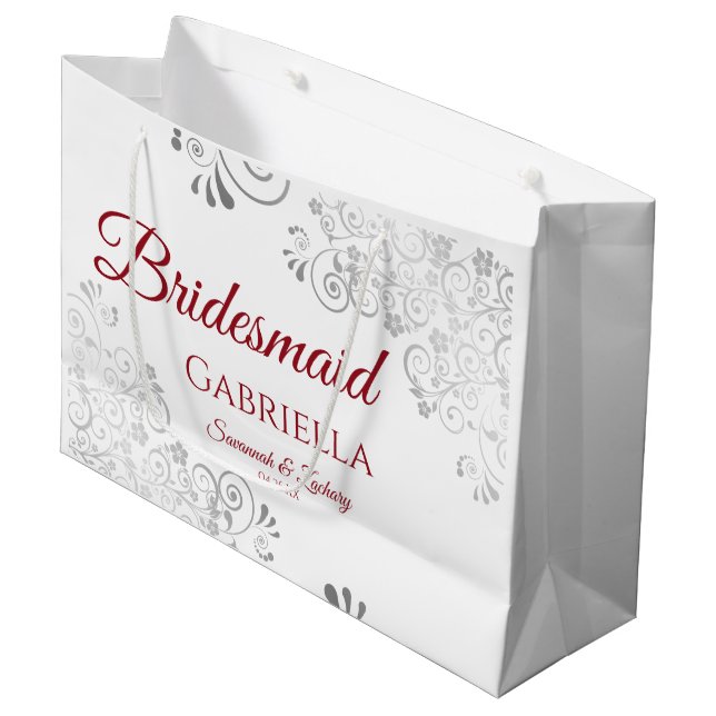 Silver Lace Red on White Bridesmaid Wedding Large Gift Bag (Front Angled)