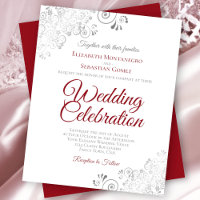 Silver Lace Red on White Budget Wedding Invitation