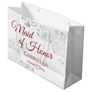 Silver Lace Red on White Maid of Honour Wedding Large Gift Bag