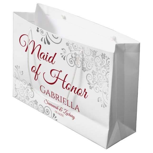 Silver Lace Red on White Maid of Honour Wedding Large Gift Bag (Front Angled)