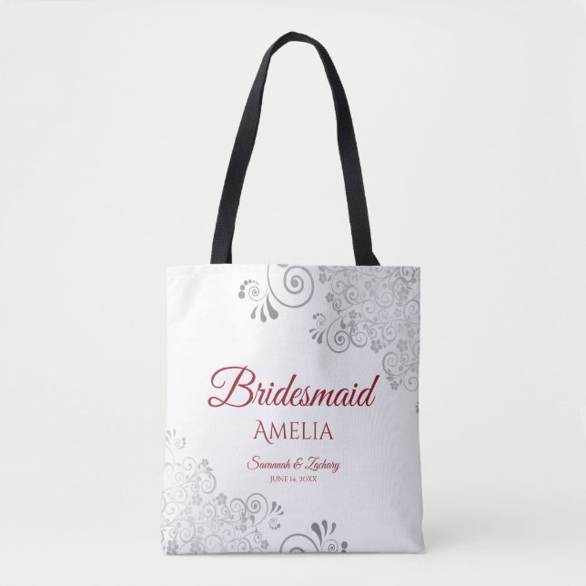 Silver Lace Red & White Bridesmaid Wedding Tote Bag (Front)