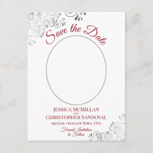 Silver Lace Red White Wedding Save the Date Photo Announcement Postcard