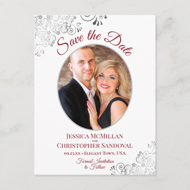 Silver Lace Red White Wedding Save the Date Photo Announcement Postcard (Front)