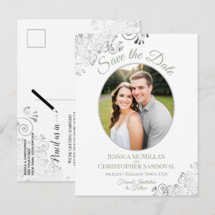 Silver Lace Sage White Wedding Save the Date Photo Announcement Postcard