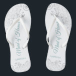 Silver Lace & Teal Chic Maid of Honour Wedding Thongs<br><div class="desc">These beautiful wedding flip flops are a great way to thank and recognise your Maid of Honour while saving her feet at the same time. Features an elegant design with silver grey lace on a white background and fancy turquoise or teal coloured script lettering. The test reads Maid of Honour...</div>