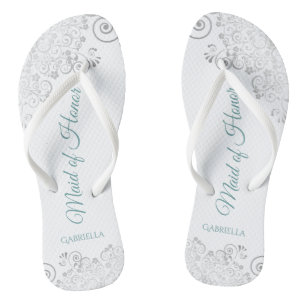 Silver Lace & Teal Chic Maid of Honour Wedding Thongs
