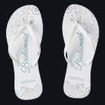 Silver Lace Teal Elegant White Bridesmaid Wedding Thongs<br><div class="desc">These elegant wedding flip flops are a great way to thank and recognise your bridesmaids, while giving their feet a rest after a long day. The beautiful design features an elegant design with silver grey lace frills on a white background and fancy teal or turquoise coloured script lettering. The text...</div>