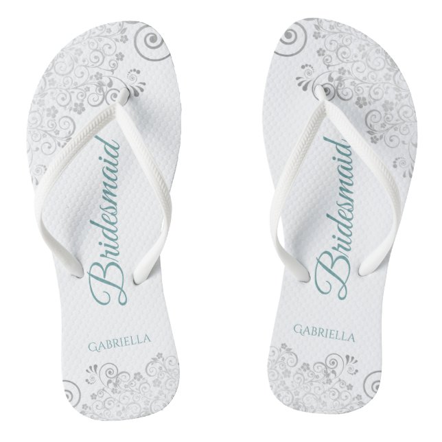 Silver Lace Teal Elegant White Bridesmaid Wedding Thongs (Footbed)