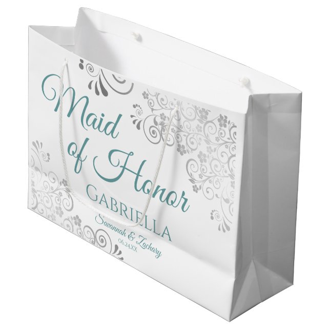Silver Lace Teal on White Maid of Honor Wedding Large Gift Bag (Front Angled)