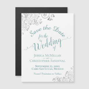 Silver Lace Teal on White Save the Date Magnet