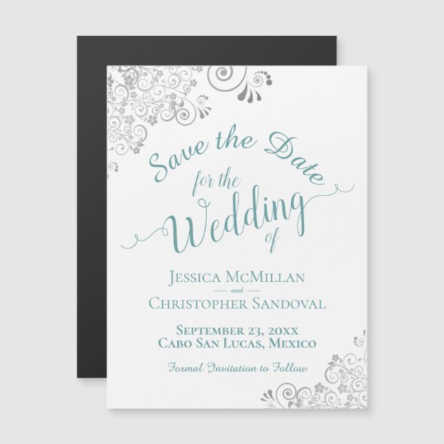Silver Lace Teal on White Save the Date Magnet (Front/Back)