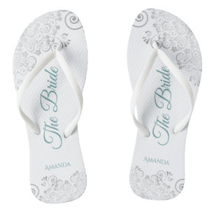 Silver Lace & Teal on White The Bride Wedding Thongs