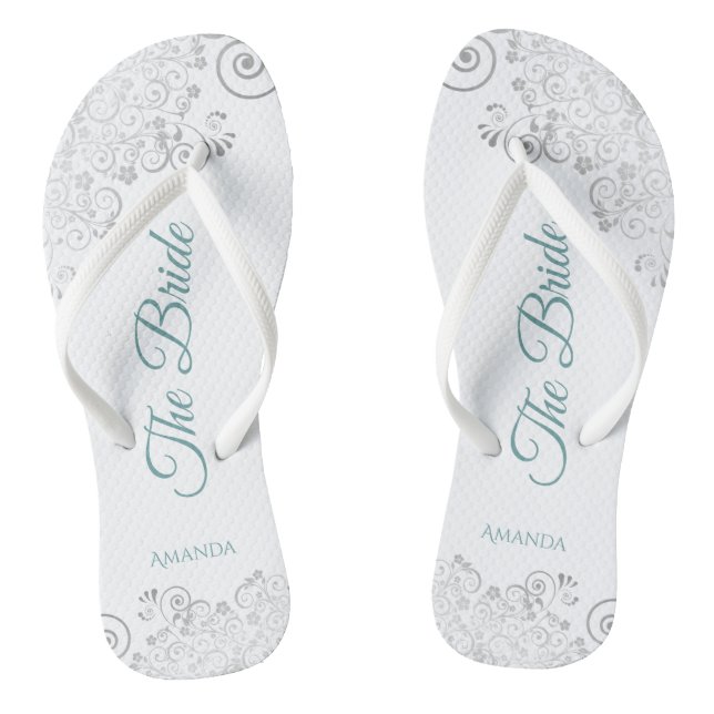 Silver Lace & Teal on White The Bride Wedding Thongs (Footbed)
