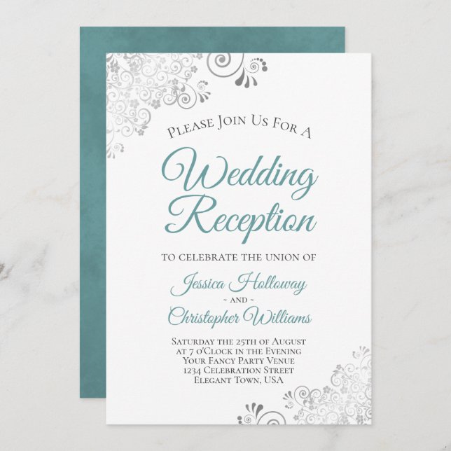 Silver Lace Teal & White Elegant Wedding Reception Invitation (Front/Back)