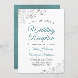 Silver Lace Teal & White Elegant Wedding Reception Invitation