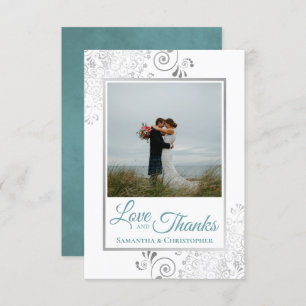 Silver Lace Teal & White Love & Thanks Wedding Thank You Card