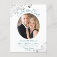 Silver Lace Teal White Wedding Save the Date Photo