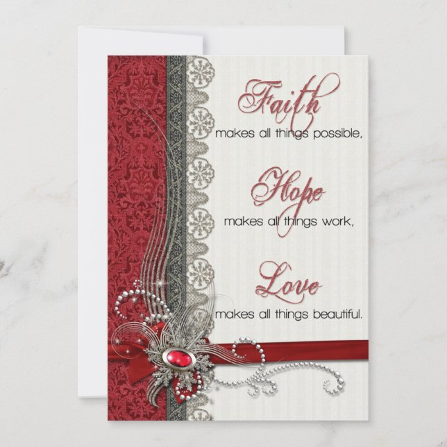 Silver Lace with Text on Red Damask Holiday Card (Front)