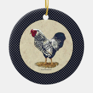 Silver Laced Wyandotte Rooster Denim Ceramic Tree Decoration