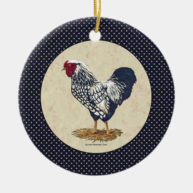 Silver Laced Wyandotte Rooster Denim Ceramic Tree Decoration (Front)