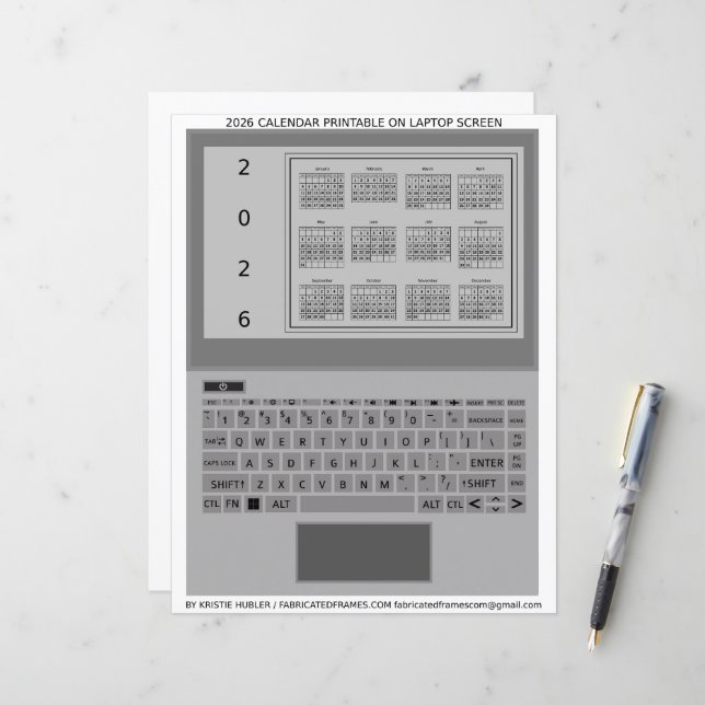 Silver Laptop Keys 2026 Calendar Black Paper Sheet (Front/Back In Situ)