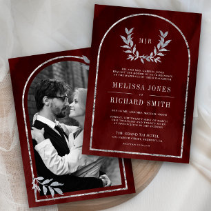 Silver Laurel Wreath Leaves Burgundy Red Wedding Invitation