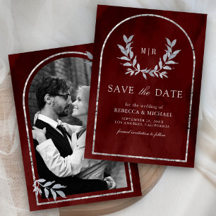 Silver Laurel Wreath Leaves Burgundy Red Wedding Save The Date