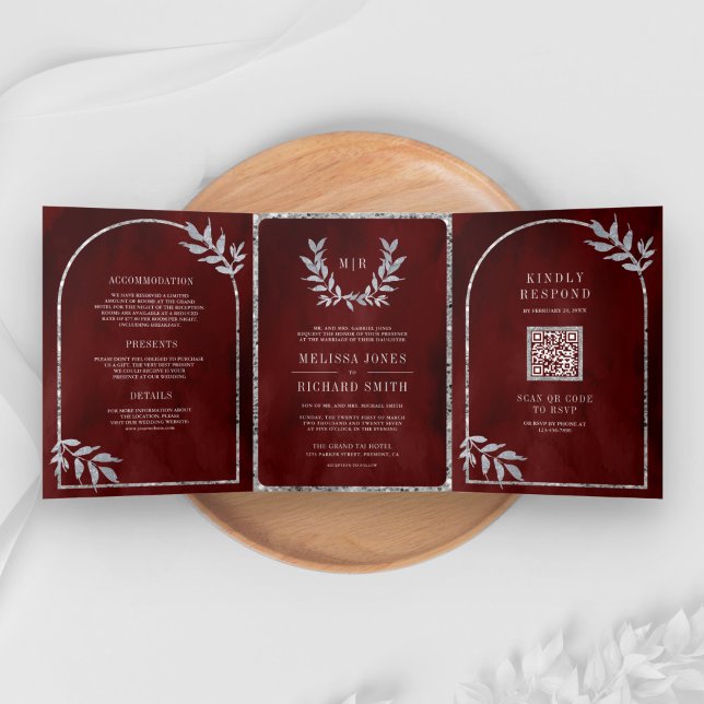 Silver Laurel Wreath Leaves Burgundy Red Wedding Tri-Fold Invitation (Creator Uploaded)