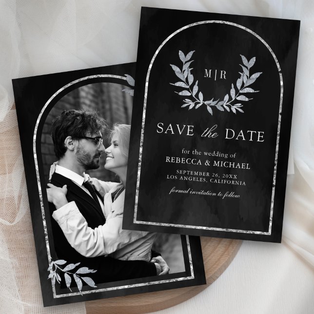 Silver Laurel Wreath Leaves Charcoal Grey Wedding Save The Date (Creator Uploaded)