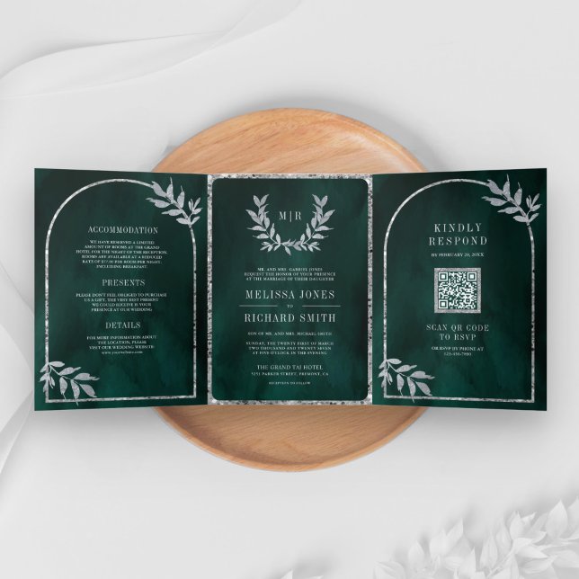 Silver Laurel Wreath Leaves Emerald Green Wedding Tri-Fold Invitation (Creator Uploaded)