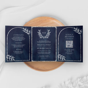 Silver Laurel Wreath Leaves Navy Blue Wedding Tri-Fold Invitation