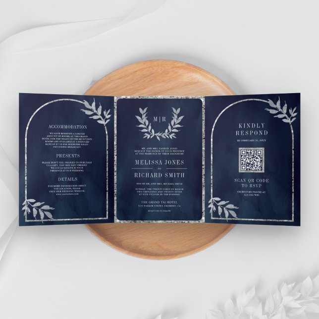 Silver Laurel Wreath Leaves Navy Blue Wedding Tri-Fold Invitation (Creator Uploaded)