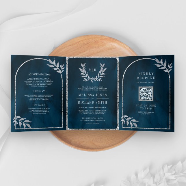 Silver Laurel Wreath Leaves Ocean Blue Wedding Tri-Fold Invitation (Creator Uploaded)