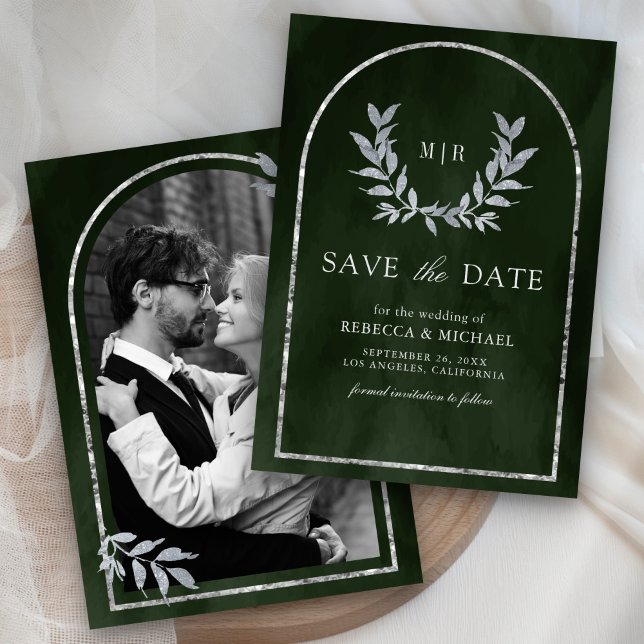 Silver Laurel Wreath Leaves Olive Green Wedding Save The Date (Creator Uploaded)