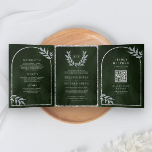 Silver Laurel Wreath Leaves Olive Green Wedding Tri-Fold Invitation