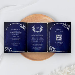 Silver Laurel Wreath Leaves Royal Blue Wedding Tri-Fold Invitation