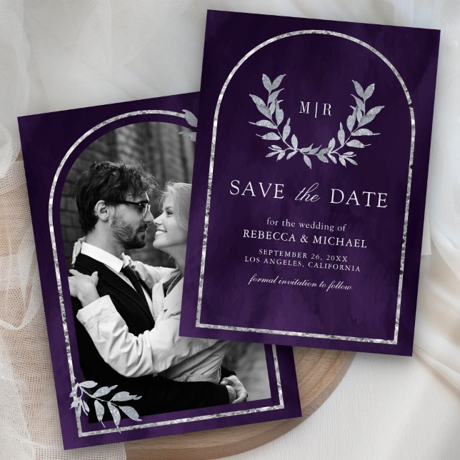 Silver Laurel Wreath Leaves Royal Purple Wedding Save The Date (Creator Uploaded)