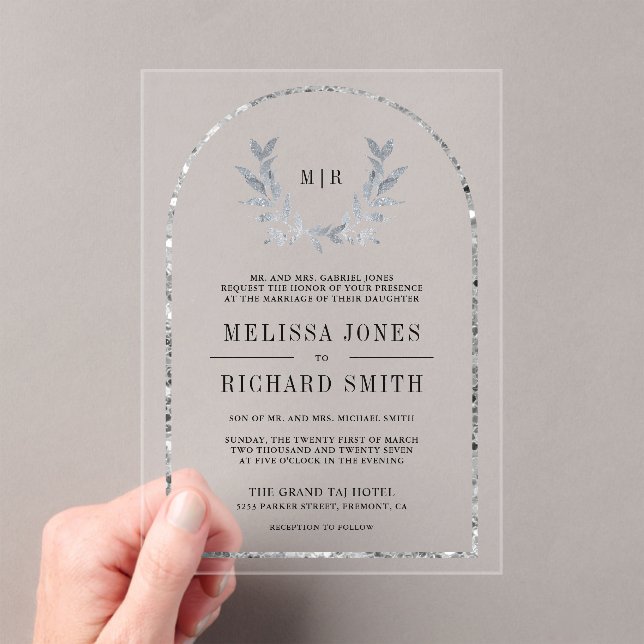 Silver Laurel Wreath Leaves Wedding Acrylic Invitations (Insitu (Handheld))