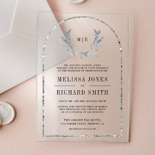Silver Laurel Wreath Leaves Wedding Acrylic Invitations