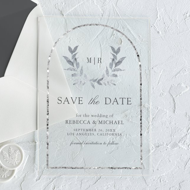 Silver Laurel Wreath Leaves Wedding Save the Date Acrylic Invitations (Creator Uploaded)