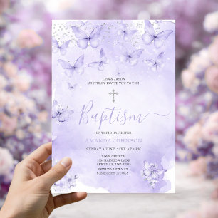 Silver Lavender Butterfly Baptism Purple Invitation