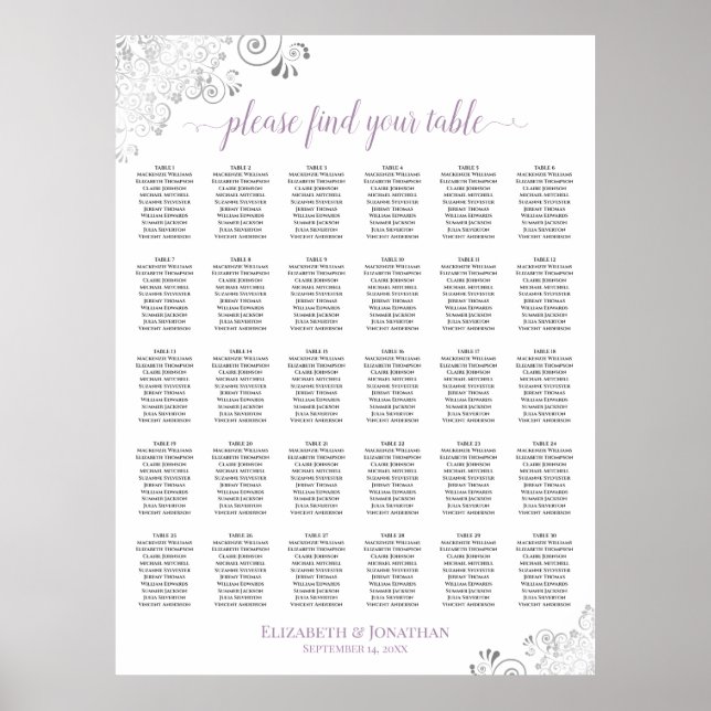 Silver & Lavender Elegant 30 Table Seating Chart (Front)