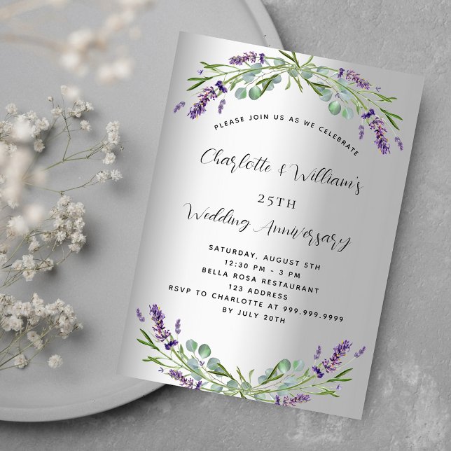 Silver lavender floral 25th wedding anniversary invitation (Creator Uploaded)