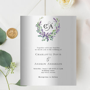 Silver lavender floral monogram wedding invitation