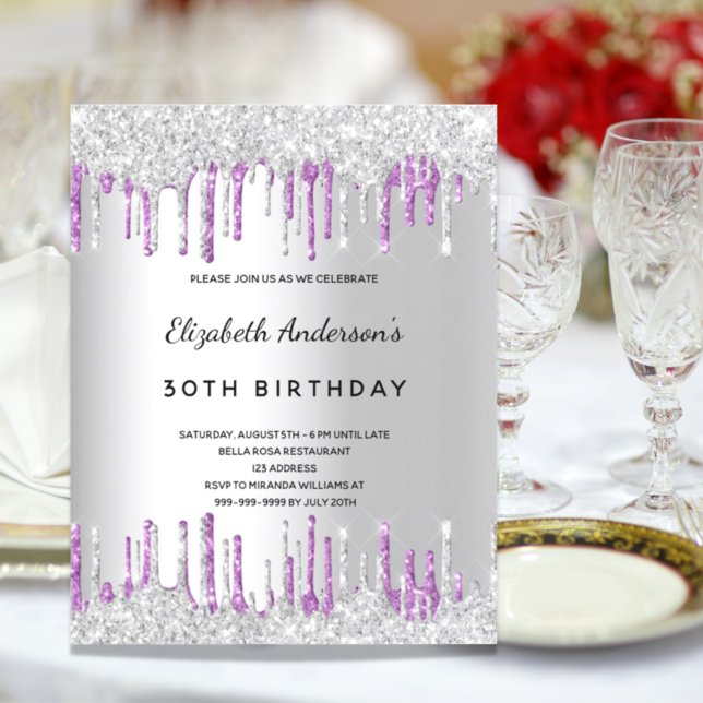 Silver lavender glitter drips birthday invitation (Creator Uploaded)