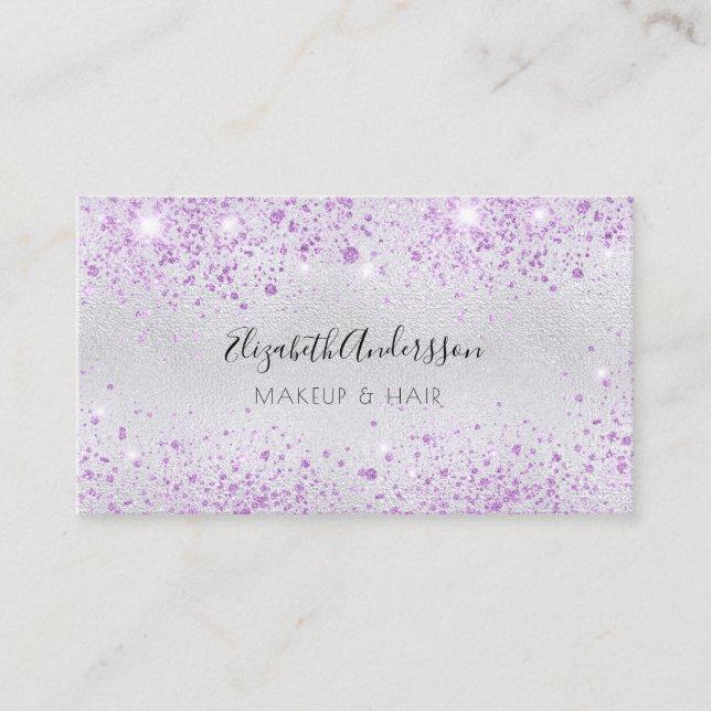 Silver lavender glitter makeup hair beauty business card (Front)
