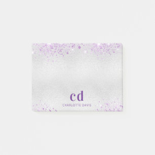 Silver lavender glitter monogram initials name post-it notes