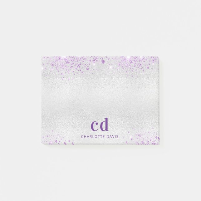 Silver lavender glitter monogram initials name post-it notes (Front)