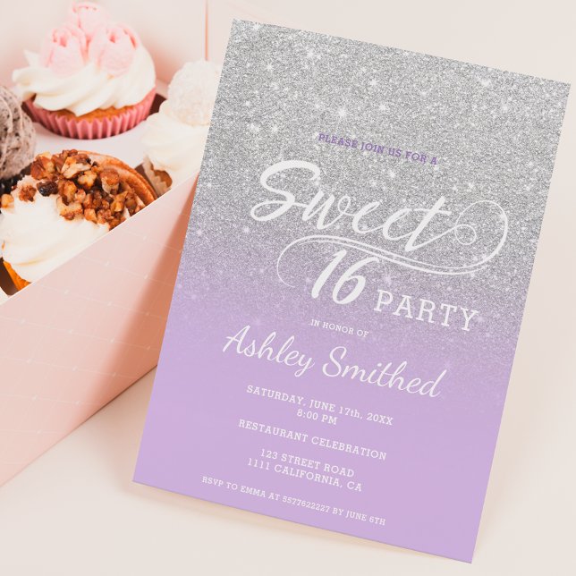 Silver lavender glitter ombre purple Sweet 16 Invitation (Creator Uploaded)