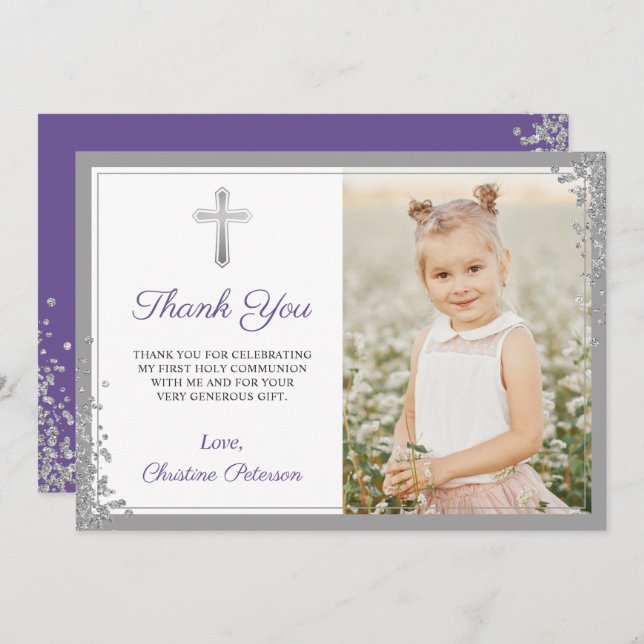 Silver Lavender Purple Communion Thank you Card (Front/Back)